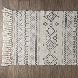 Boho Geometric Cream + Grey Woven Cotton Area Rug with Cotton Tassels 23.5”x41”
